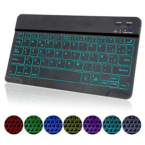 COO Teclado Inalámbrico Bluetooth, Teclado de Español (Incluye Letra Ñ) con 7 Colores Retroiluminado - Teclado Bluetooth 3.0 Ultra Delgado con Batería Recargable, Sistemas de iOS, Android, Windows