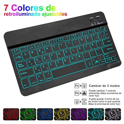 COO Teclado Inalámbrico Bluetooth, Teclado de Español (Incluye Letra Ñ) con 7 Colores Retroiluminado - Teclado Bluetooth 3.0 Ultra Delgado con Batería Recargable, Sistemas de iOS, Android, Windows