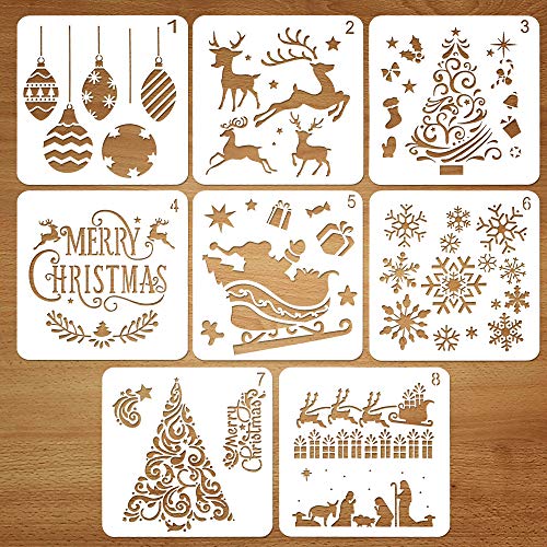 Coogam kit de dibujo de plantilla de navidad de plástico reutilizable, Conjunto de 8, Merry Christmas Santa Claus árbol de Navidad Copos de Nieve Bells Reno Plantilla Para DIY Decoración de Navidad