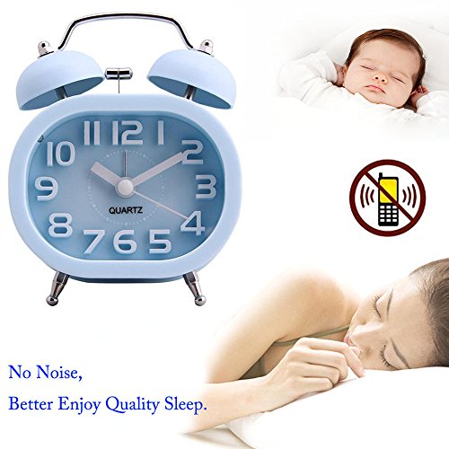 COOJA 3" Reloj Despertador de Doble Campana, Retro Alarma Despertador Analógico de Cuarzo Silencioso sin Tic TAC con Alarma Fuerte y Luz Nocturna, Azul