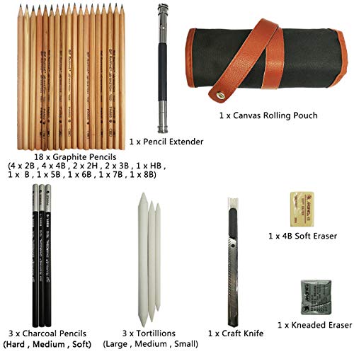 Cooja Set de Lapices de Dibujo, Lapiz Kit de Arte Material de Dibujo con Lapices Grafito e Lapices Carboncillo, Set de Artista para Bosquejo, 29 Piezas