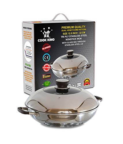 Cook King - Sartén para wok/batir con tapa de cristal, sin PFOA, inducción, apta para lavavajillas y horno, 32 cm