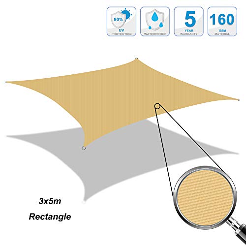 Cool Area Toldo Vela de Sombra Rectangular 3 x 5 Metros, Impermeable Protección UV para Patio Exteriores Jardín, Color Arena