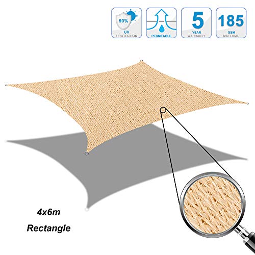 Cool Area Toldo Vela de Sombra Rectangular 4 x 6 Metros Protección Rayos UV, Resistente y Transpirable para Patio Exteriores Jardín, Color Arena