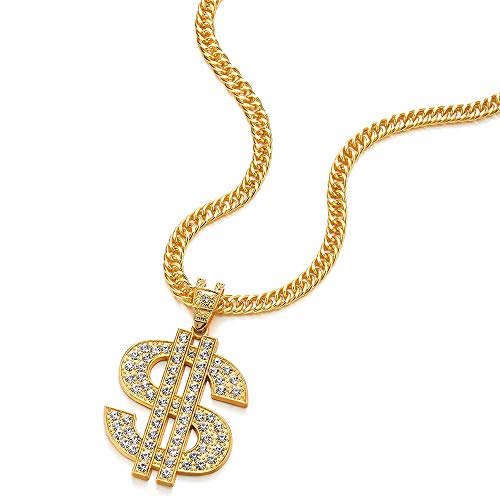 COOLSTEELANDBEYOND Hip Hop Punk Color Oro Grande US Dólar Signo De Dinero Collar Colgante con Rhinestones de Hombre Mujer, Cruce