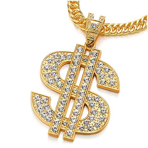 COOLSTEELANDBEYOND Hip Hop Punk Color Oro Grande US Dólar Signo De Dinero Collar Colgante con Rhinestones de Hombre Mujer, Cruce