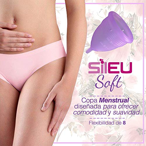 Copa Menstrual Sileu Cup Soft - Mujeres con Vejigas sensibles, calambres, cólicos menstruales - Ayuda a prevenir cistitis - La más vendida en farmacias - Talla L Morado + Esterilizador Plegable Rosa