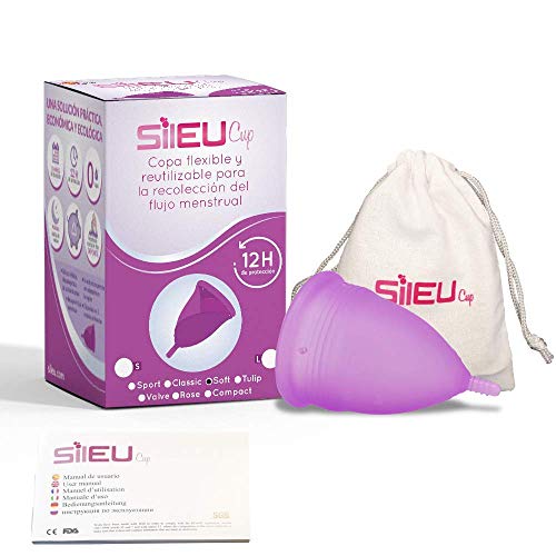 Copa Menstrual Sileu Cup Soft - Mujeres con Vejigas sensibles, calambres, cólicos menstruales - Ayuda a prevenir cistitis - La más vendida en farmacias - Talla L Morado + Esterilizador Plegable Rosa