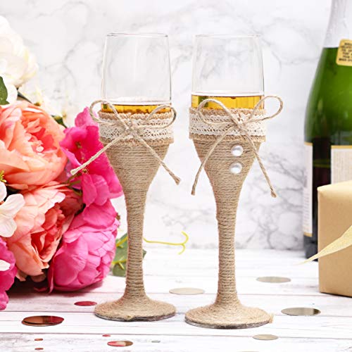 Copas de champán de cristal con cinta de arpillera para boda o aniversario (juego de 2)