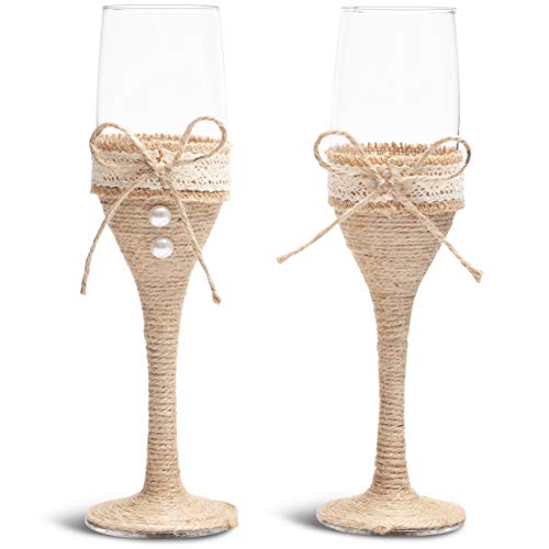 Copas de champán de cristal con cinta de arpillera para boda o aniversario (juego de 2)