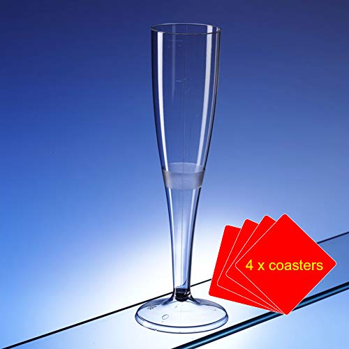 Copas de champán de plástico de una pieza y de alta calidad, 160 ml, ideal para picnics, acampadas, festivales, piscinas, barbacoas, jardines y ocasiones especiales, paquete de 30 vasos con 4 posavasos en caja