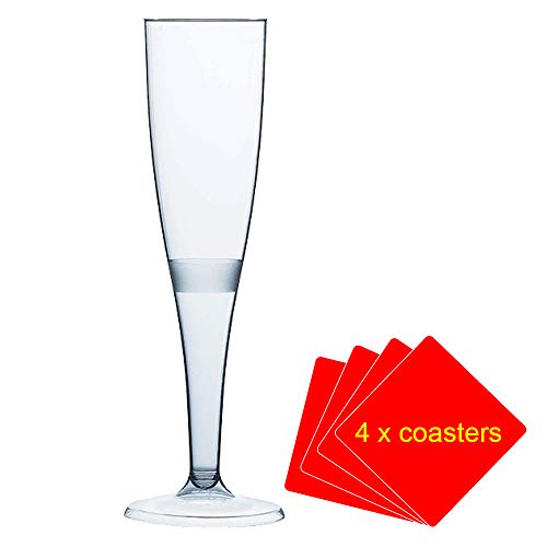 Copas de champán de plástico de una pieza y de alta calidad, 160 ml, ideal para picnics, acampadas, festivales, piscinas, barbacoas, jardines y ocasiones especiales, paquete de 30 vasos con 4 posavasos en caja