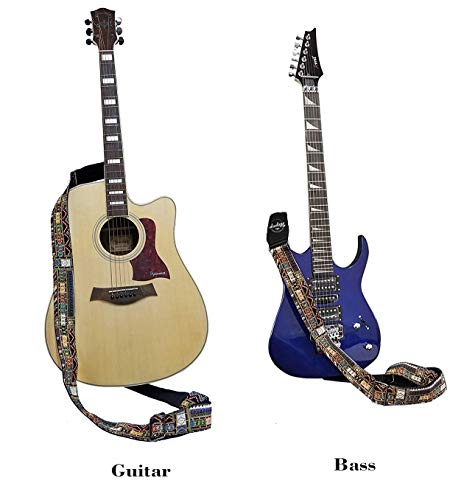 Correa de guitarra Vintage estilo tejida ajustable guitarra eléctrica acústica Bass Correa con extremos de cuero, Bundle para guitarra, Plectrums for guitar, Botón (Amarillo)