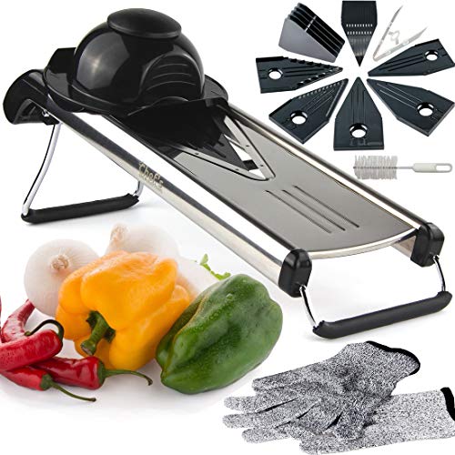 Cortador Chef Inspirations con forma de mandolina y cuchilla en V, prémium, corta en juliana y rallaIdeal para cortar alimentos, frutas y verduras.Incluye 6 insertos y cepillo de limpieza