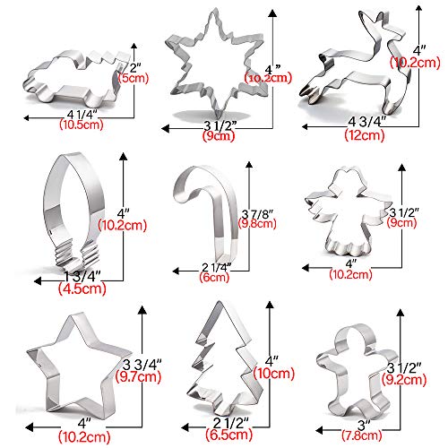 Cortador de galletas de Navidad Moldes para Galletas Navidad de 9 piezas de árbol de Navidad, hombre de jengibre, copo de nieve, ángel, renos saltando fondant acero inoxidable