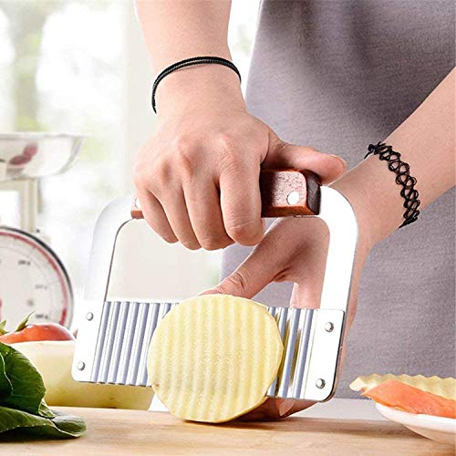 Cortador de Patatas, Viruta Ondulada de Patata de Acero Inoxidable con Mango de Madera Herramienta de Corte de Cocina para Patatas Zanahorias Pepinos, Set de 2 Piezas