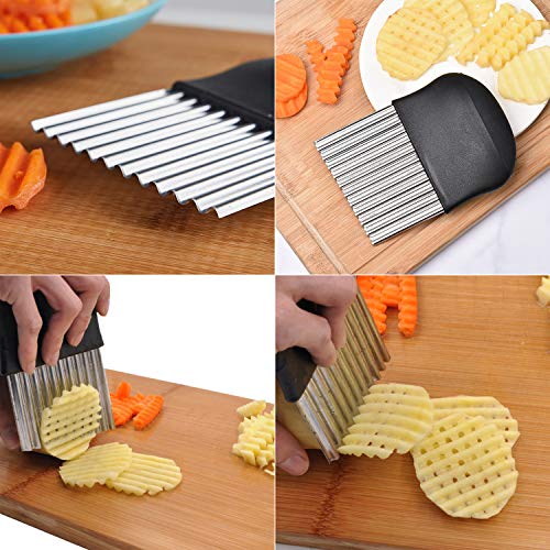 Cortador de patatas y protección para los dedos, 1 cuchillo ondulado de patatas (14 x 9,5 cm, acero inoxidable, ABS), 1 utensilio de cocina para cortar patatas, dulces y frutas o verduras.