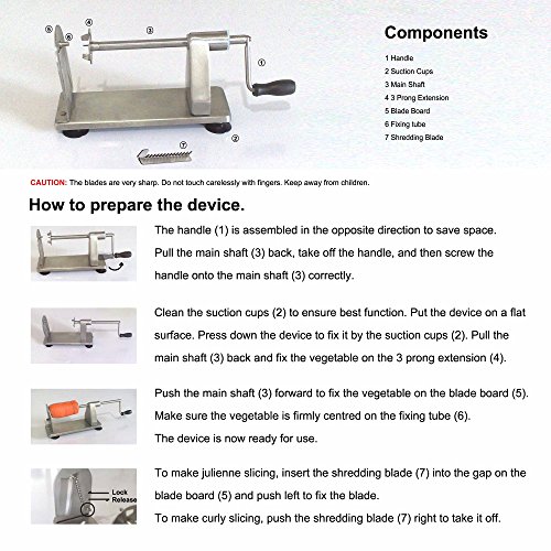 Cortador de verduras en espiral de acero inoxidable, 2 cuchillas con base de succión manual de 3 dientes de sujeción segura, espagueti de patata en espiral, 28 cm x 8,5 cm x 11 cm, acero inoxidable, metalizado, 21.5 cm x 10 cm x 13 cm