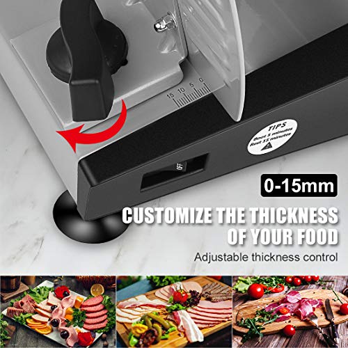 Cortafiambres con 2 cuchillas intercambiables de acero inoxidable, Oneisall Cortafiambres Eléctrico de espesor ajustable para carne, queso, pan, frutas y verduras, 150W