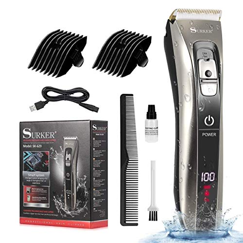 Cortapelos Profesional, Aiemok Impermeable Recortadora de Barba y Pelo, Recargable Máquina Cortar Pelo Cuchilla Titanio Cortapelos Hombre Inalámbrico Batería 2000 mAh, Pantalla LCD,Traje Familiar