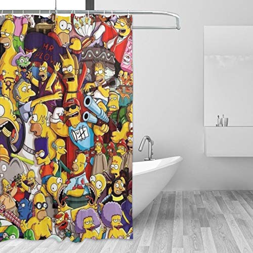 Cortina de ducha con ganchos, diseño de dibujos animados Simpsons, 152 x 183 cm, resistente al agua, poliéster, impresión exquisita, lavable