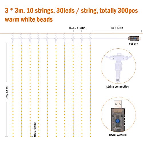 Cortina de Luces,Tomshine 3x3 Metros 300 LEDs Regulable Cortina de Luces Led con Control Remoto,8 Modos de Luz,IP65 Impermeable,Decoración de Navidad,Fiestas, Bodas,Jardín(Blanco Cálido)