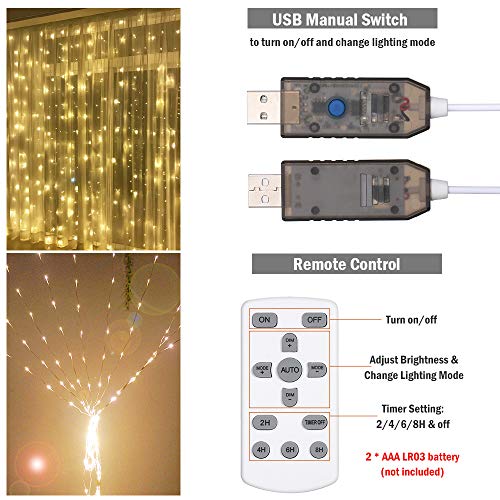 Cortina de Luces,Tomshine 3x3 Metros 300 LEDs Regulable Cortina de Luces Led con Control Remoto,8 Modos de Luz,IP65 Impermeable,Decoración de Navidad,Fiestas, Bodas,Jardín(Blanco Cálido)