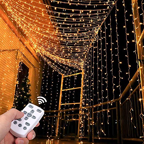 Cortina de Luces,Tomshine 3x3 Metros 300 LEDs Regulable Cortina de Luces Led con Control Remoto,8 Modos de Luz,IP65 Impermeable,Decoración de Navidad,Fiestas, Bodas,Jardín(Blanco Cálido)