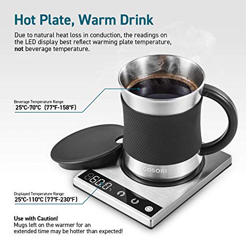 COSORI Mantenedor de Café y Set de Taza, Mantendor Eléctrico de Bebidas de 24Watt para la Oficina, 304 Taza de Acero Inoxidable de 500 ml con Tapa, Tecnología Táctil, con Retroiluminación LED