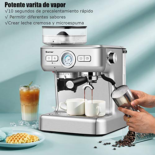 COSTWAY Cafetera con Molinillo Espumador de Leche Cafetera con Control de Temperatura PID, Tanque de Agua de 2L, Acero Inoxidable