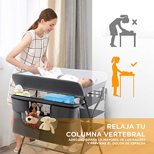 COSTWAY Cambiador de Pañales Plegable con Ruedas y Espacio de Almacenamiento Cambiador para Bebé Altura Ajustable Carga hasta 11kg