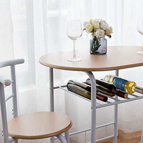 COSTWAY Juego de Mesa y 2 Sillas de Comedor de Madera y Metal con Vino Estante para Cocina (Blanco)