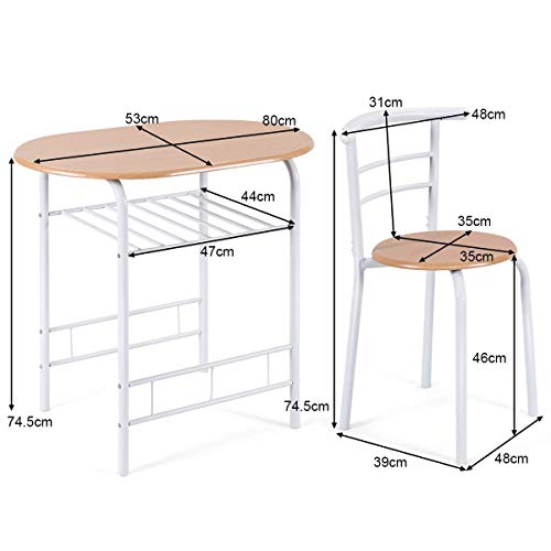 COSTWAY Juego de Mesa y 2 Sillas de Comedor de Madera y Metal con Vino Estante para Cocina (Blanco)