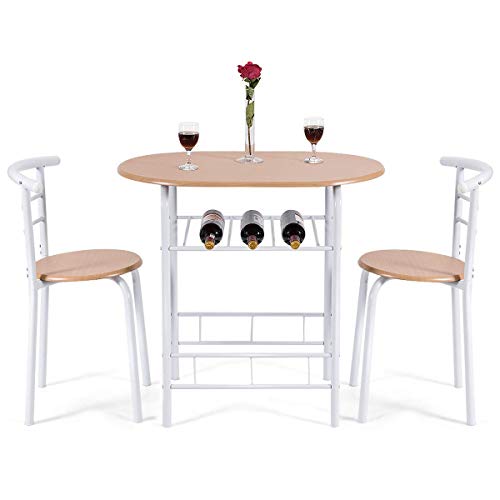 COSTWAY Juego de Mesa y 2 Sillas de Comedor de Madera y Metal con Vino Estante para Cocina (Blanco)