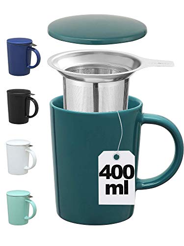 Cosumy - Taza de té con filtro y tapa (cerámica, 400 ml), color verde azulado