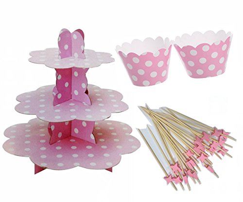 Cotigo-Set/Soporte para Cupcakes,de Cartón+ Capsula de Cupcake+Signo de La Fruta Productos de Bambú，para Fiesta Cumpleaños,Boda，Diseño de Lunares (Rosa)