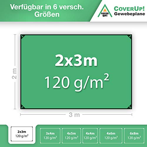 CoverUp! lona impermeable exterior 3 x 4 m [120 g/m2] + cuerda de 16 m, lona de protección con ojales para muebles de jardín, piscina, camiones, lona de protección impermeable y resistente a la rotura