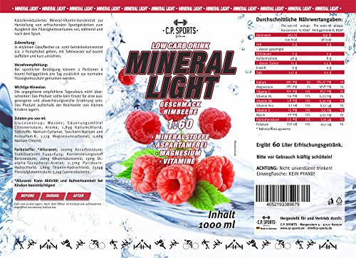 C.P. Sports Mineral Light (1 litro - Frambuesas) - Concentrado de bebida de sirope de electrolitos, mineral y vitaminas, varios tipos, incluye bomba dosificadora, Jarabe-Bebida