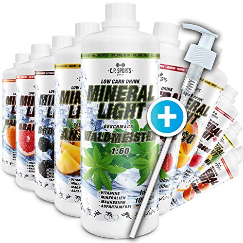 C.P. Sports Mineral Light (1 litro - Frambuesas) - Concentrado de bebida de sirope de electrolitos, mineral y vitaminas, varios tipos, incluye bomba dosificadora, Jarabe-Bebida