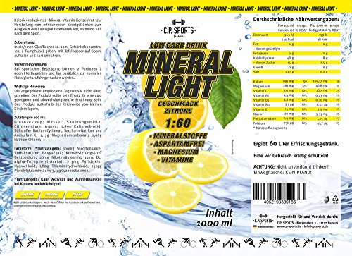 C.P. Sports Mineral Light (1 litro - Limón) - Concentrado de bebida de sirope de electrolitos, mineral y vitaminas, varios tipos, incluye bomba dosificadora, Jarabe-Bebida