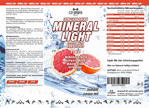 C.P. Sports Mineral Light (1 litro - Pomelo rosa) - Concentrado de bebida de sirope de electrolitos, mineral y vitaminas, varios tipos, incluye bomba dosificadora, Jarabe-Bebida