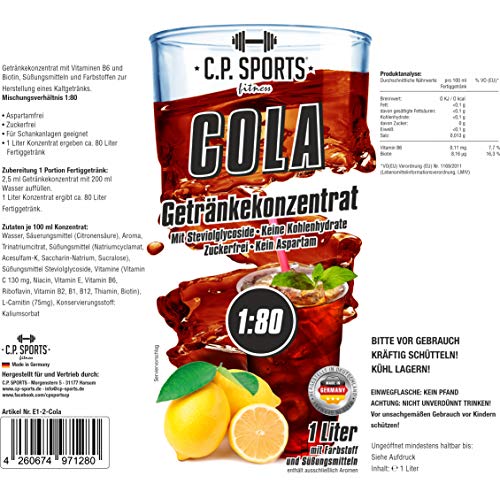 C.P.Sports – Concentrado de bebidas – 1 litro de Cola, proporción 1:80, sin calorías, sin azúcar, sin aspartamo, vitaminas, Concentrado sirope bebida de jarabe