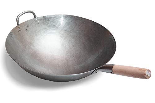 Craft Wok 40 cm grande y pesado en acero de carbono forjado a mano, con mango de madera y acero, de 40 cm (fondo redondo)/731W138
