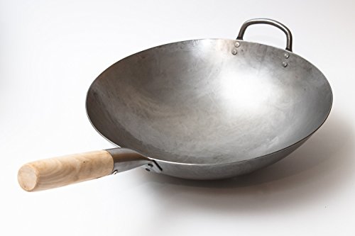 Craft Wok Wok Tradicional de Acero de Carbono Forjado a Mano, con Mango Auxiliar de Madera y Acero (diámetro 35,6 cm, Fondo Redondo)/731W88