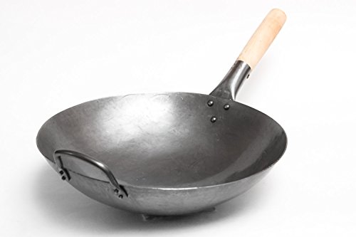 Craft Wok Wok Tradicional de Acero de Carbono Forjado a Mano, con Mango Auxiliar de Madera y Acero (diámetro 35,6 cm, Fondo Redondo)/731W88