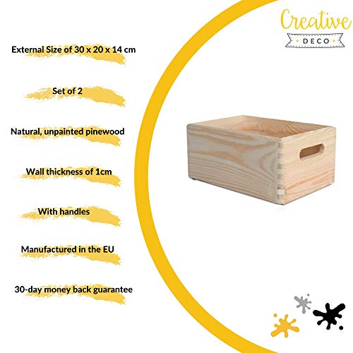 Creative Deco 2 x Grande Caja de Madera para Decorar | 30 x 20 x 14 cm | Asas | Baúl Cofre para Decoupage Decorar Almacenar Fruta Documentos Objetos de Valor Juguetes Herramientas