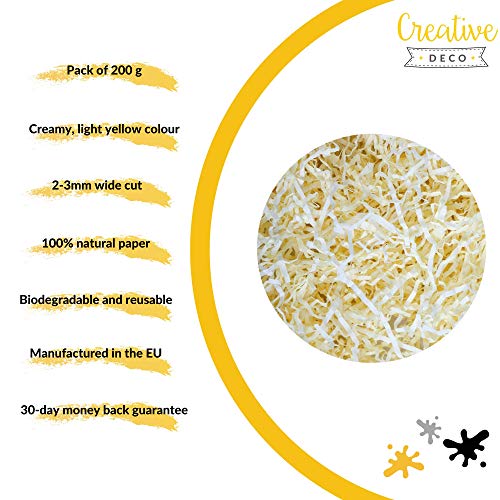 Creative Deco 200g Papel Triturado Amarillo Crema Kraft | Reemplazo de Lana de Madera | Relleno Material de Embalaje para Cesta, Caja, Paquete