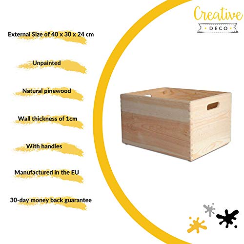 Creative Deco XXL Grande Caja de Madera para Decorar | 40 x 30 x 24 cm | Asas | Baúl Cofre para Decoupage Decorar Almacenar Fruta Documentos Objetos de Valor Juguetes Herramientas