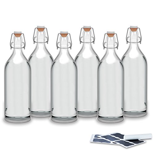 Creative Home Botellas de Cristal 1 Litro | 6 x 1L | Set con Tapa de Clip Hermético | Rellenable para Vino, Agua, Zumo y Cerveza | 8 Pegatinas Reutilizables y 1 Tiza Antipolvo