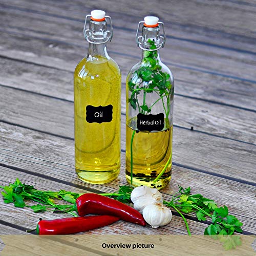 Creative Home Botellas de Cristal 1 Litro | 6 x 1L | Set con Tapa de Clip Hermético | Rellenable para Vino, Agua, Zumo y Cerveza | 8 Pegatinas Reutilizables y 1 Tiza Antipolvo